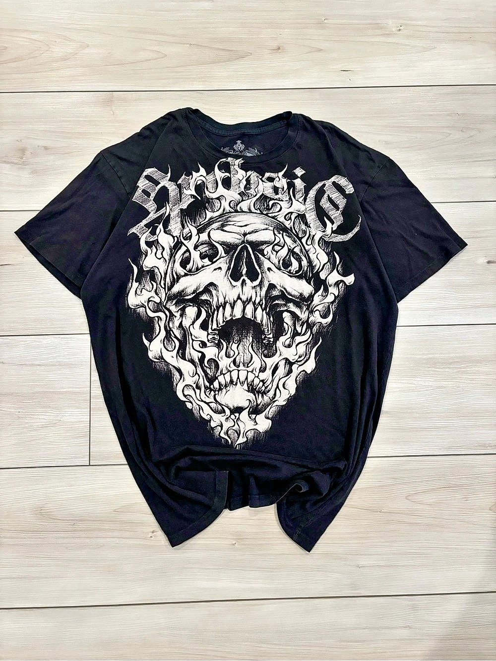 Archaic Y2K Affliction style grunge skater Men’s Graphic Skull Tee Black size XL